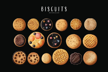 Wall Mural - biscuit set on isolated black background, biscuits watercolor illustration