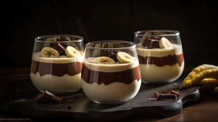 Wall Mural - Panna cotta. Milk dessert with chocolate and banana in a glass, generative ai