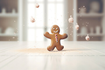 Freshly baked gingerbread man dancing happily. Christmas and winter holidays illustration. Generative AI