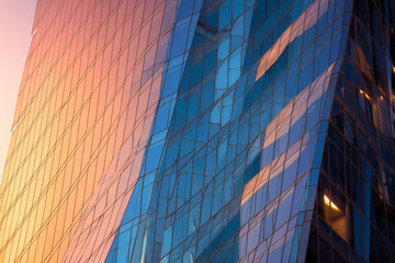 Colorful detail of a business office building with steel and glass at sunset. Generative AI