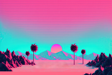 Canvas Print - Calm and relaxing landscape with mountains in vaporwave style. Pink and blue view in 90s style. Generated AI.