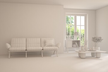 Grey interior desigh concept with furniture. 3D illustration