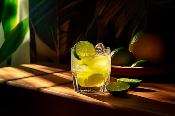 Lime lemonade in a transparent glass with ice is on the table in the room, illuminated by backlight from the window. Summer mood. Generative AI