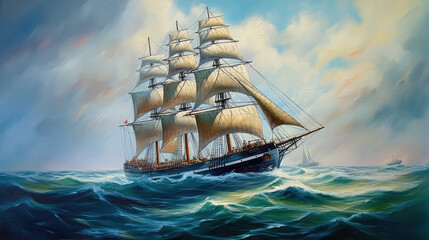 Wall Mural - Large ship sailing the ocean, oil painting art . Generative AI