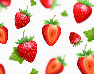 Wall Mural - Red strawberry with green leaves falling on transparent background. Blurred flying strawberry berries. Vector 3d realistic illustration.