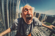 Base jumper man grandfather pensioner active old age bungee jumping from a skyscraper on the streets of the metropolis. Generative AI.