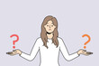 Confused woman with question marks on hands make decision. Unsure girl feel frustrated comparing different options having dilemma. Vector illustration. 