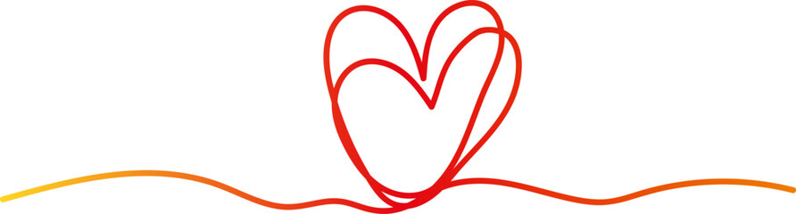 Continuous line drawing of love sign with two red hearts on white background. Line gradient from red to yellow. Two heart sketches on the same wavy line.