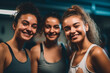 © wetzkaz - three female friends, young woman or teenager in row, happy joyful smile, fitness or gym or yoga, sports together in group. Generative AI