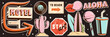 © Alina Kolyuka - Summer vibes retro trendy sticker set. Vintage old elements. Motel signboard, cactus, surfboard, lollipop, lips, road sign stop with grunge texture. Summer groovy trip. Vector illustration.