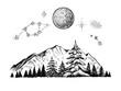 Mountain forest with the night sky, moon and stars. Vector landscape sketch, black and white illustration.