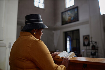 Wall Mural - Rear view of elegant mature woman reading Bible while sitting in church
