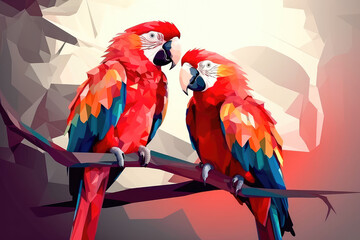 Wall Mural - Two red macaws parrots, in love with each other, settled on a lush tree branch. Generative AI