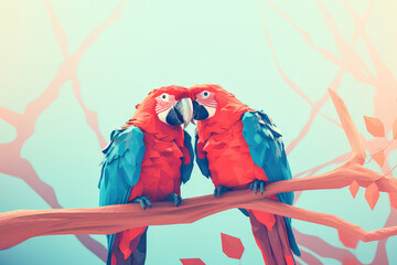 Wall Mural - Two red macaws parrots, in love with each other, settled on a lush tree branch. Generative AI