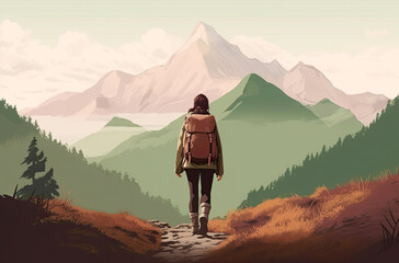 Woman hiking in mountains, Generative AI