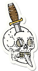 traditional distressed sticker tattoo of a skull and dagger