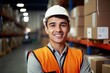 © Adriana - warehouse worker iat work while smiling a the camera. Generative AI