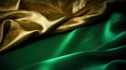  a close up of a green and gold silk fabric with a gold leaf design.  generative ai