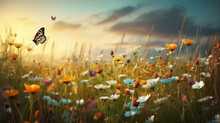 Summer Spring Field With Butterflies New Quality Nature Stock Image Illustration Desctop Wallpaper Design Generative Ai