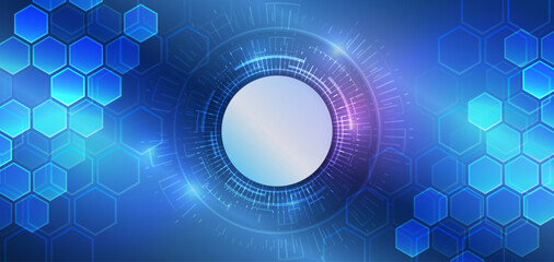 Fototapete - Blue molecular background for the presentation of health, medical or technical topics. Geometric background from hexagonal objects, lines, and shadows. Polygonal abstract composition.