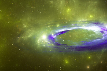 Wall Mural - green purple stardust clouds with disk in black space. abstract fractal 3d rendering
