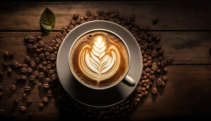 Coffee latte with creamy and foam in cup and latte art shape on dark wooden table, with coffee beans decoration, calm and relax coffee, relaxation time, hot beverage, with Generative AI.