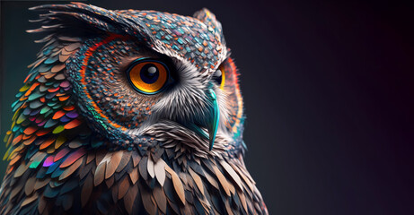 Wall Mural - Abstract animal Owl portrait with colorful double exposure paint with Generative AI.