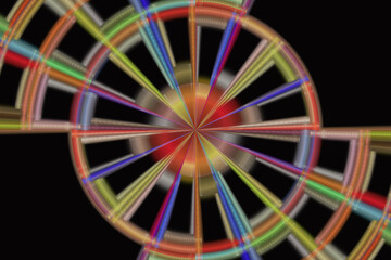 Wall Mural - Multicolored motley round pattern of crooked waves and rays on a black background. Abstract fractal 3D rendering