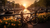 Fototapeta Zachód słońca - Beautiful sunrise over Amsterdam, The Netherlands, with flowers and bicycles on the bridge in spring, Generative Ai	