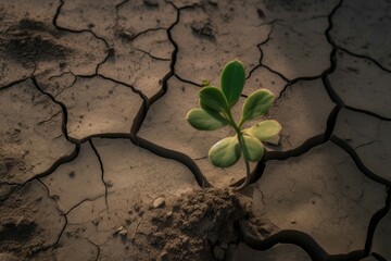 Poster - Young plant is growing on dry ground. Generative AI