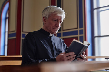 Wall Mural - Senior priest concentrating on reading Bible during ceremony in church