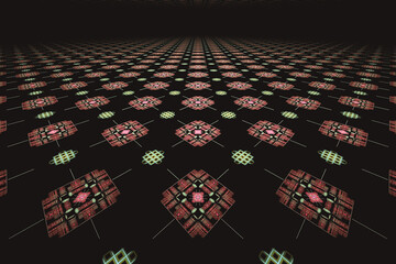 Wall Mural - Red green pattern with a plane of squares and circles on a black background. Abstract fractal 3D rendering