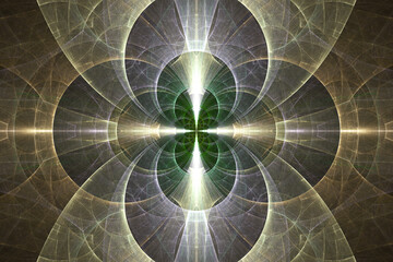 Wall Mural - Orange green glowing pattern of crooked waves and rays on a black background. Abstract fractal 3D rendering