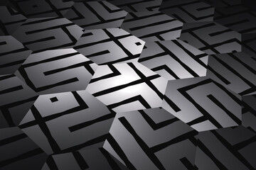 Wall Mural - Gray pattern of curved shapes on a black background. Abstract fractal 3D rendering
