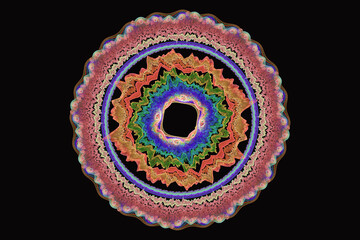 Wall Mural - Multicolored round pattern of crooked waves on a black background. Abstract fractal 3D rendering