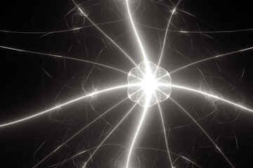Wall Mural - White glowing pattern of crooked waves and rays on a black background. Abstract fractal 3D rendering