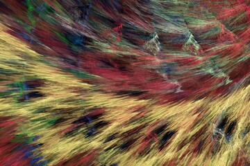 Wall Mural - Red multi-colored pattern of crooked waves on a black background. Abstract fractal 3D rendering