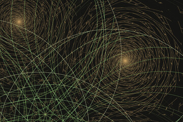 Wall Mural - Orange green pattern of curved lines on a black background. Abstract fractal 3D rendering