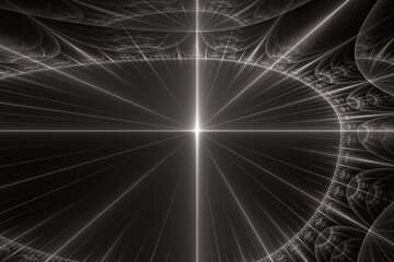 Wall Mural - White glowing pattern of crooked waves and rays on a black background. Abstract fractal 3D rendering