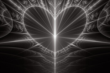 Wall Mural - White glowing pattern of crooked waves and rays with a heart on a black background. Abstract fractal 3D rendering