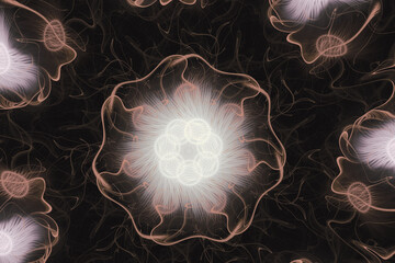 Wall Mural - Brown floral pattern of crooked waves on a black background. Abstract fractal 3D rendering
