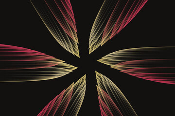Wall Mural - Red yellow pattern of curved shapes on a black background. Abstract fractal 3D rendering