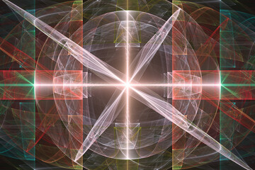 Wall Mural - Red green glowing pattern of curved shapes and rays on a black background. Abstract fractal 3D rendering