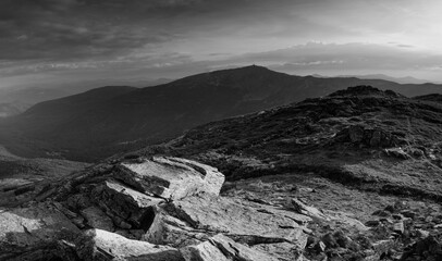 Wall Mural - Amazing landscape of mountain hills at sunshine. Black and white effect.