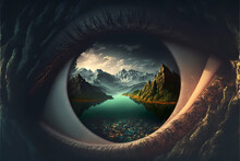 Fantastic Surreal World In The Eye. Sleep In The Eyes. AI Generation