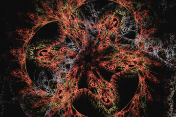 Wall Mural - Red pattern of crooked waves on a black background. Abstract fractal 3D rendering