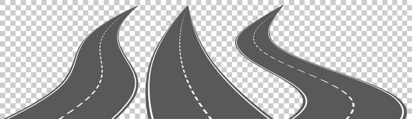 Set of 3 vector roads wit white marks isolated on transparent background. Vector EPS 10.