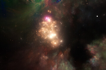 Wall Mural - orange glowing clouds of stardust in black space. abstract fractal 3d rendering
