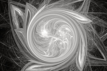 Wall Mural - White swirling pattern of crooked waves on a black background. Abstract fractal 3D rendering