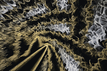 Wall Mural - Yellow white pattern of crooked waves on a black background. Abstract fractal 3D rendering